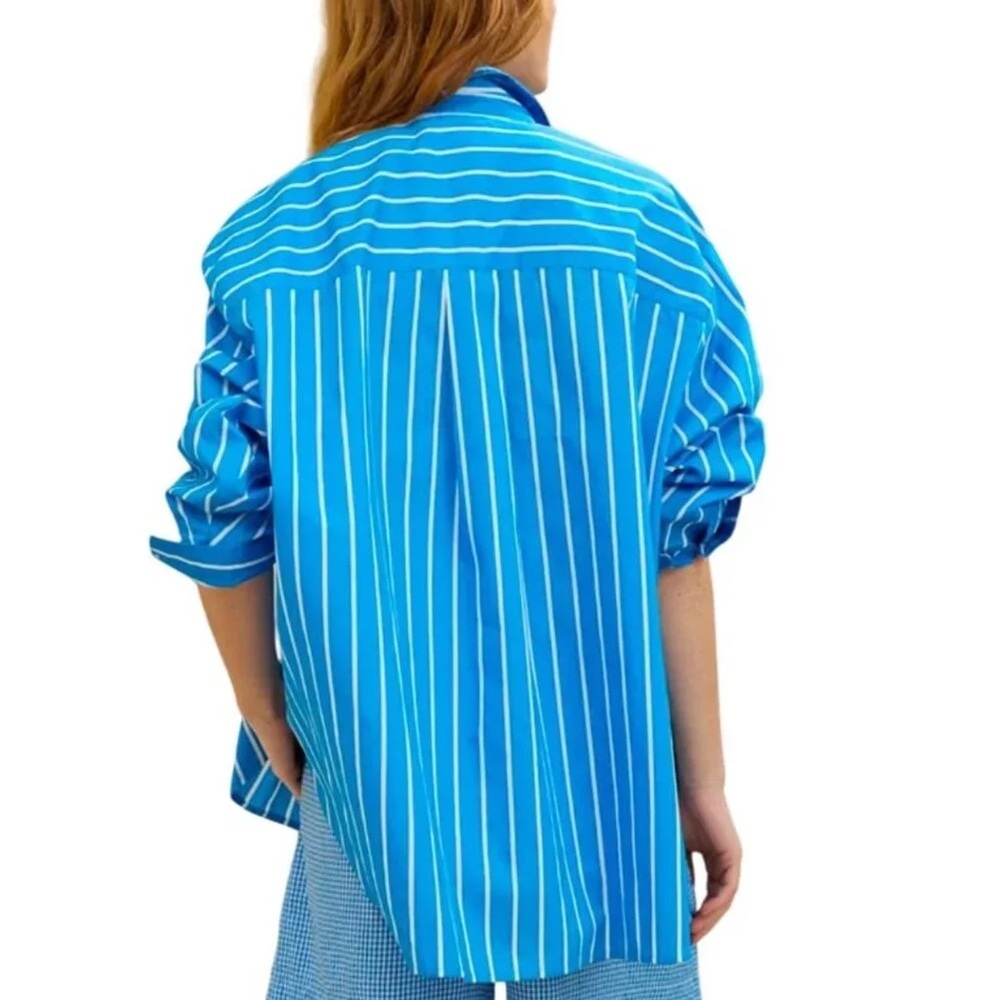 Aerie Good Day Button Down Shirt Size Large Blue White Striped Oversized Beach - Picture 6 of 6